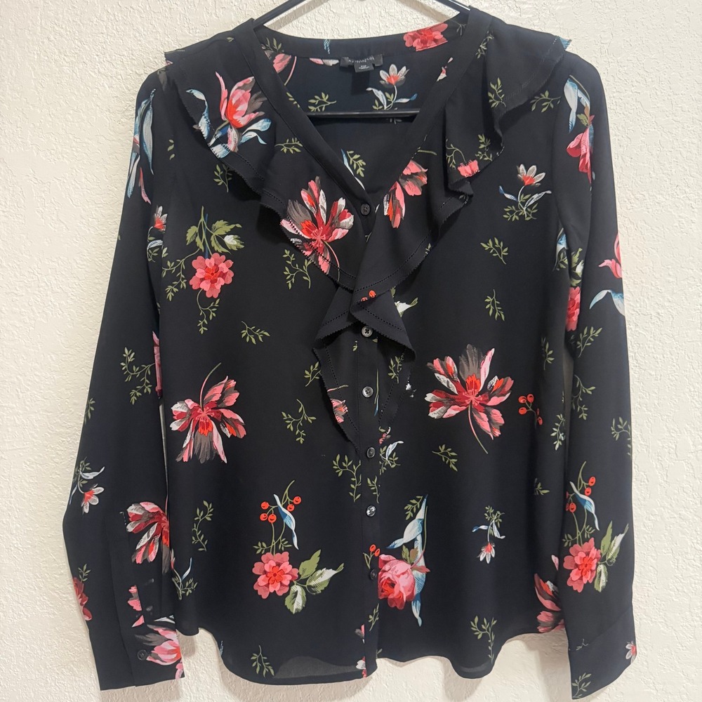 Ann Taylor‎ Petite Floral Ruffle V-Neck Blouse Black Pink XSP Button Front Top